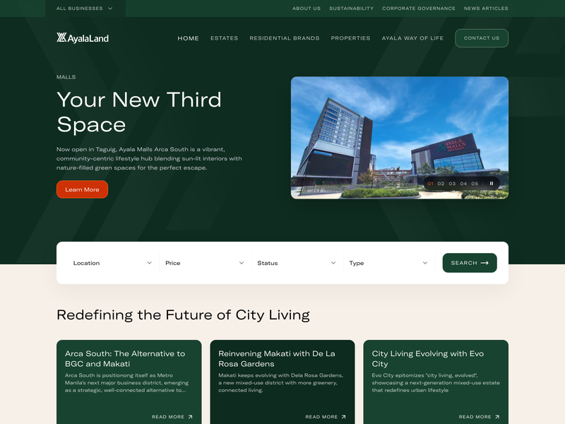 Screenshot of Ayala Land's website showing brand storytelling and project content presentation.