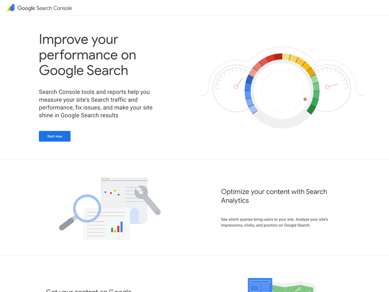 Screenshot of Google Search Console product interface and reporting visuals.