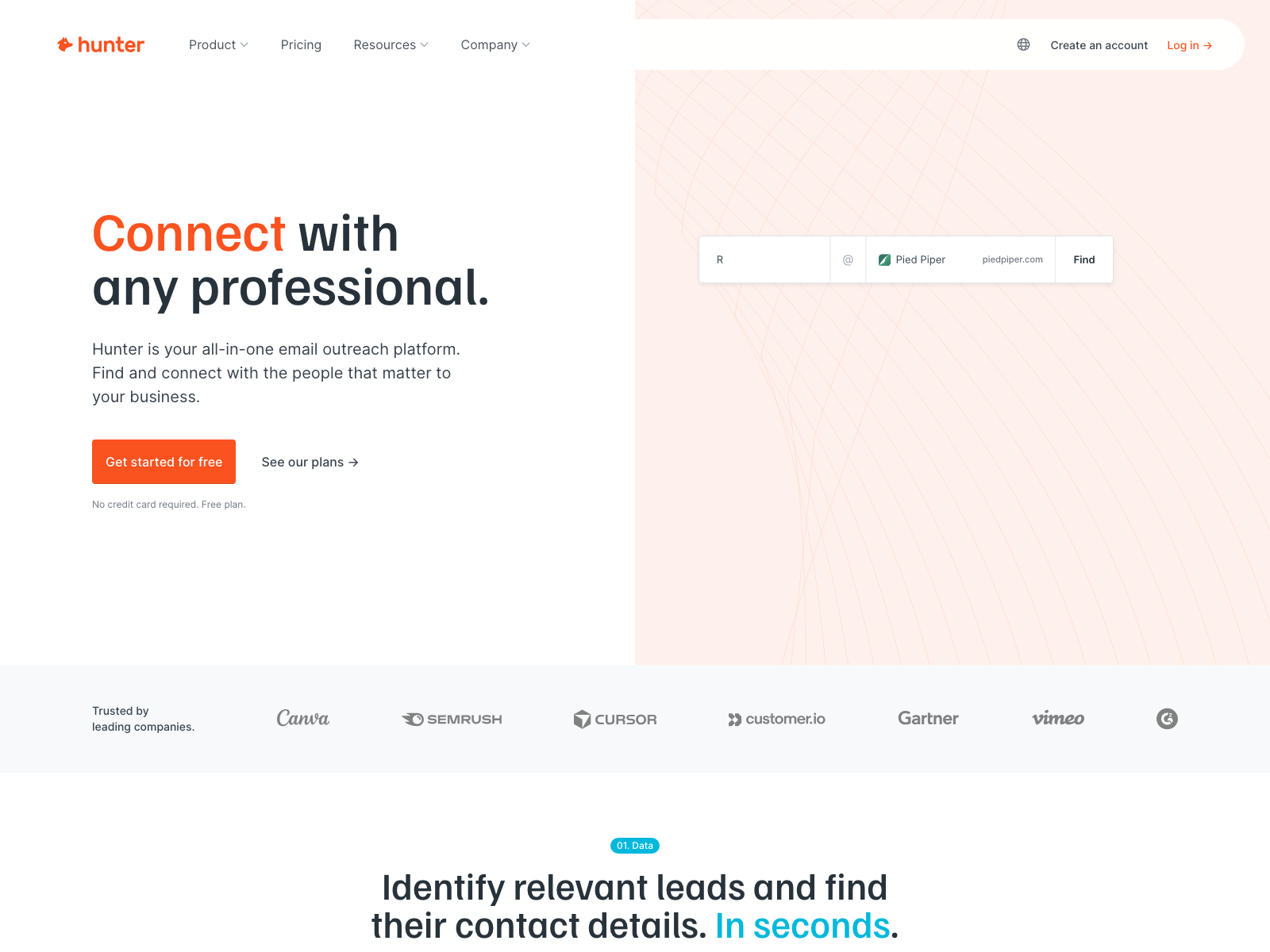 Screenshot of Hunter email finder and outreach support platform without cookie consent overlay.