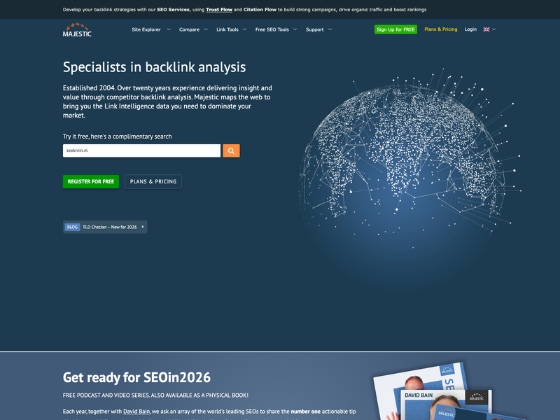 Screenshot of Majestic homepage with Trust Flow and Citation Flow positioning.