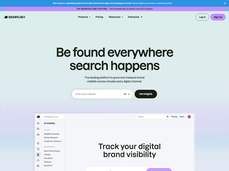 Semrush homepage used for market and traffic intelligence