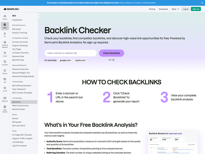 Screenshot of Semrush backlink analytics page.