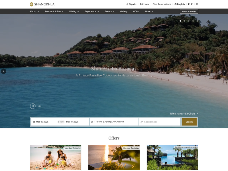 Screenshot of Shangri-La Boracay resort website showing premium visual presentation and experience-led branding.