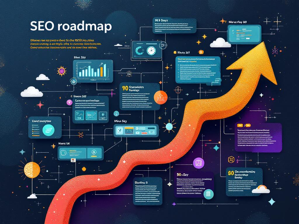 90-day AI SEO roadmap visual with milestones, dashboards, and optimization priorities
