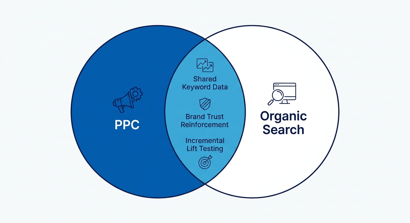 Illustration of a Venn diagram showing PPC and organic search overlapping, with the overlap area labeled with concepts like shared keyword data, brand trust reinforcement, and incremental lift testing