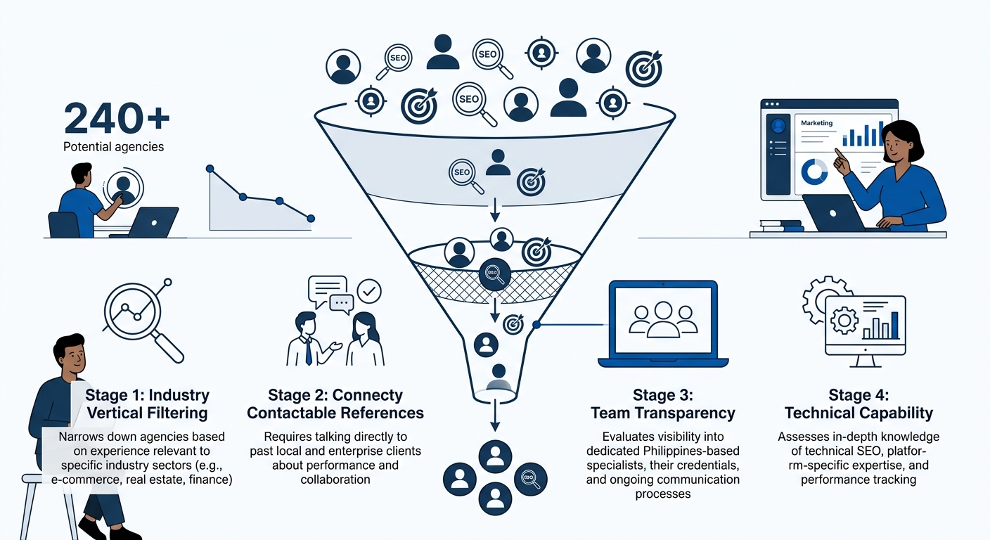 Infographic showing a funnel diagram with 4 filtering stages for SEO agency selection — starting from 240+ agencies at top, filtering by industry vertical, contactable references, team transparency, a