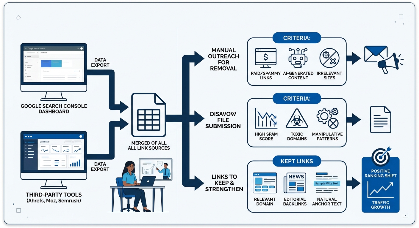An infographic showing the link audit workflow — data export from Google Search Console and third-party tools flowing into a merged spreadsheet, then branching into three evaluation paths: manual outr