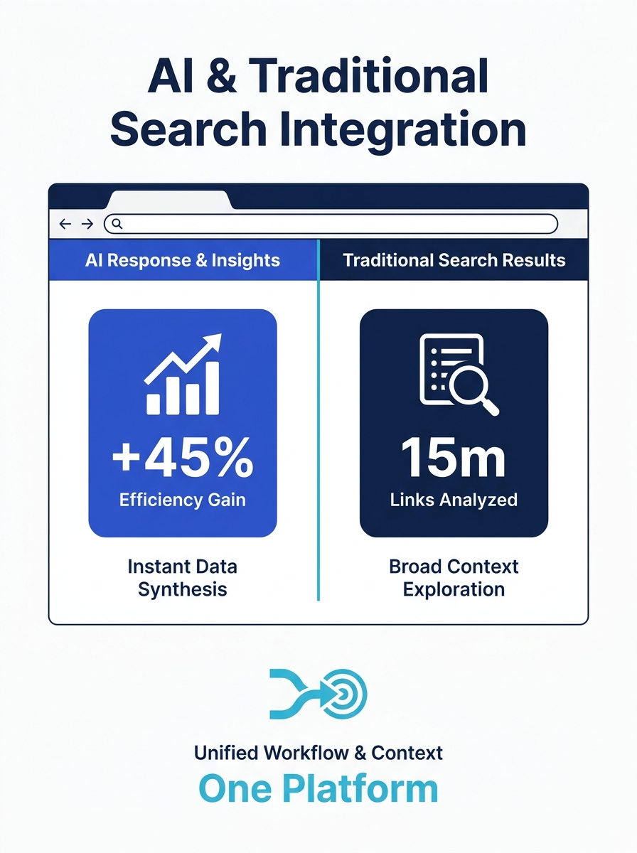 Split-screen Chrome interface showing AI responses alongside traditional search results