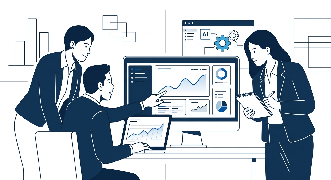 Illustration of a Manila SMB office scene showing a small marketing team of three people collaborating around screens displaying AI-powered dashboards with campaign metrics, set in a modern Filipino c