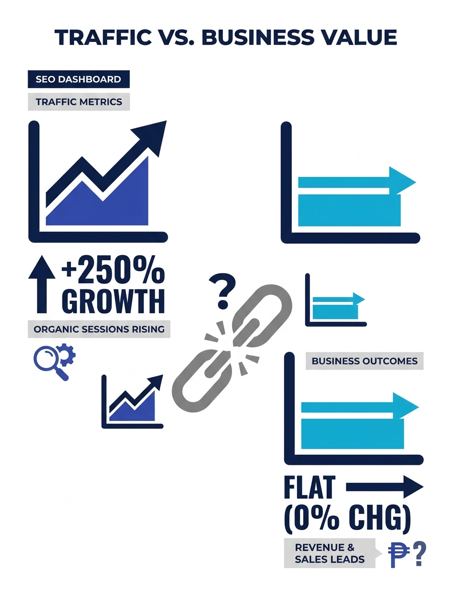 split-screen illustration showing an SEO dashboard with rising traffic charts on the left side and a flat revenue line graph on the right side, highlighting the disconnect between traffic metrics and 
