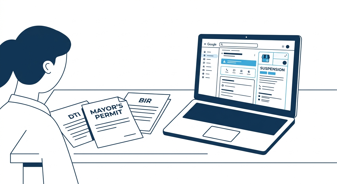 A Philippine SMB owner at a desk reviewing business documents—DTI registration, Mayor's permit, BIR certificate—alongside an open laptop showing a Google Business Profile dashboard with a suspension n