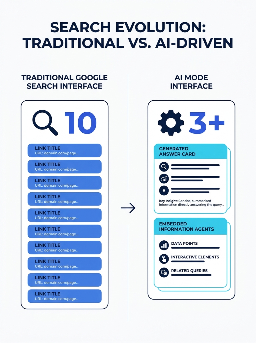 Split-screen comparison showing traditional Google Search results with ten blue links on left versus AI Mode interface with generated answer cards and embedded information agents on right