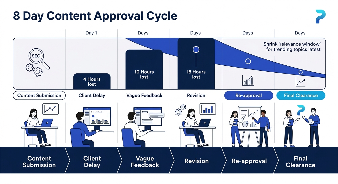 infographic showing the anatomy of an 8-day content approval cycle as a horizontal timeline, with labeled stages from content submission through client delay, vague feedback, revision, re-approval, an