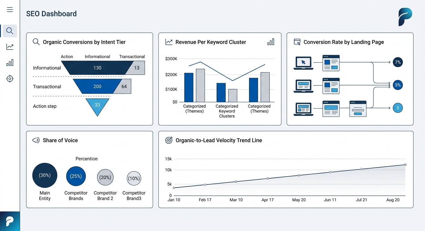 a clean mockup of a 5-KPI SEO dashboard designed for Philippine SMBs, showing panels for organic conversions by intent tier, revenue per keyword cluster, conversion rate by landing page, organic-to-le