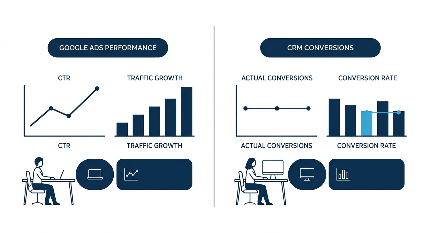 a side-by-side comparison illustration showing a Google Ads dashboard with positive engagement metrics on the left versus a CRM system showing flat or declining actual conversions on the right, with a