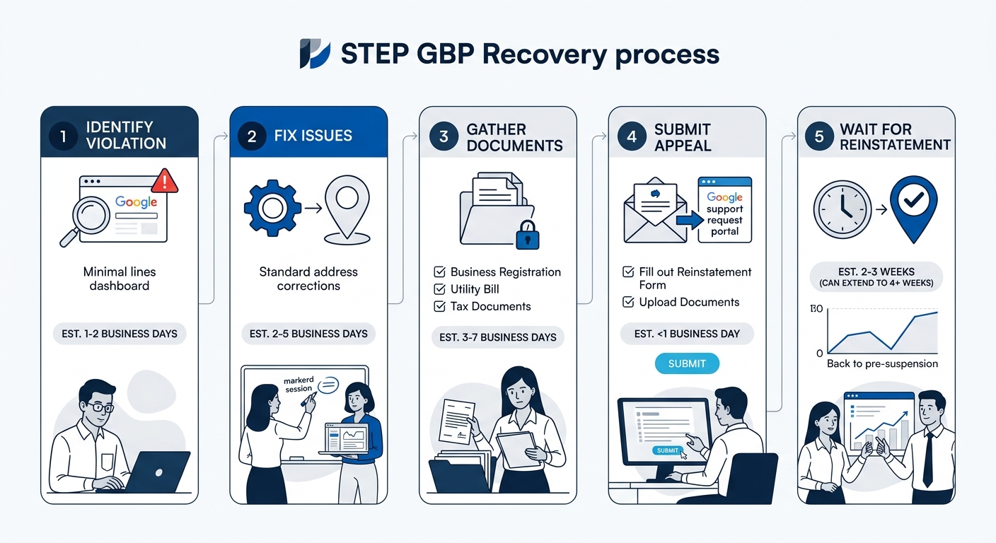 A flowchart showing the five-step GBP recovery process—identify violation, fix issues, gather documents, submit appeal, wait for reinstatement—with estimated timelines at each stage