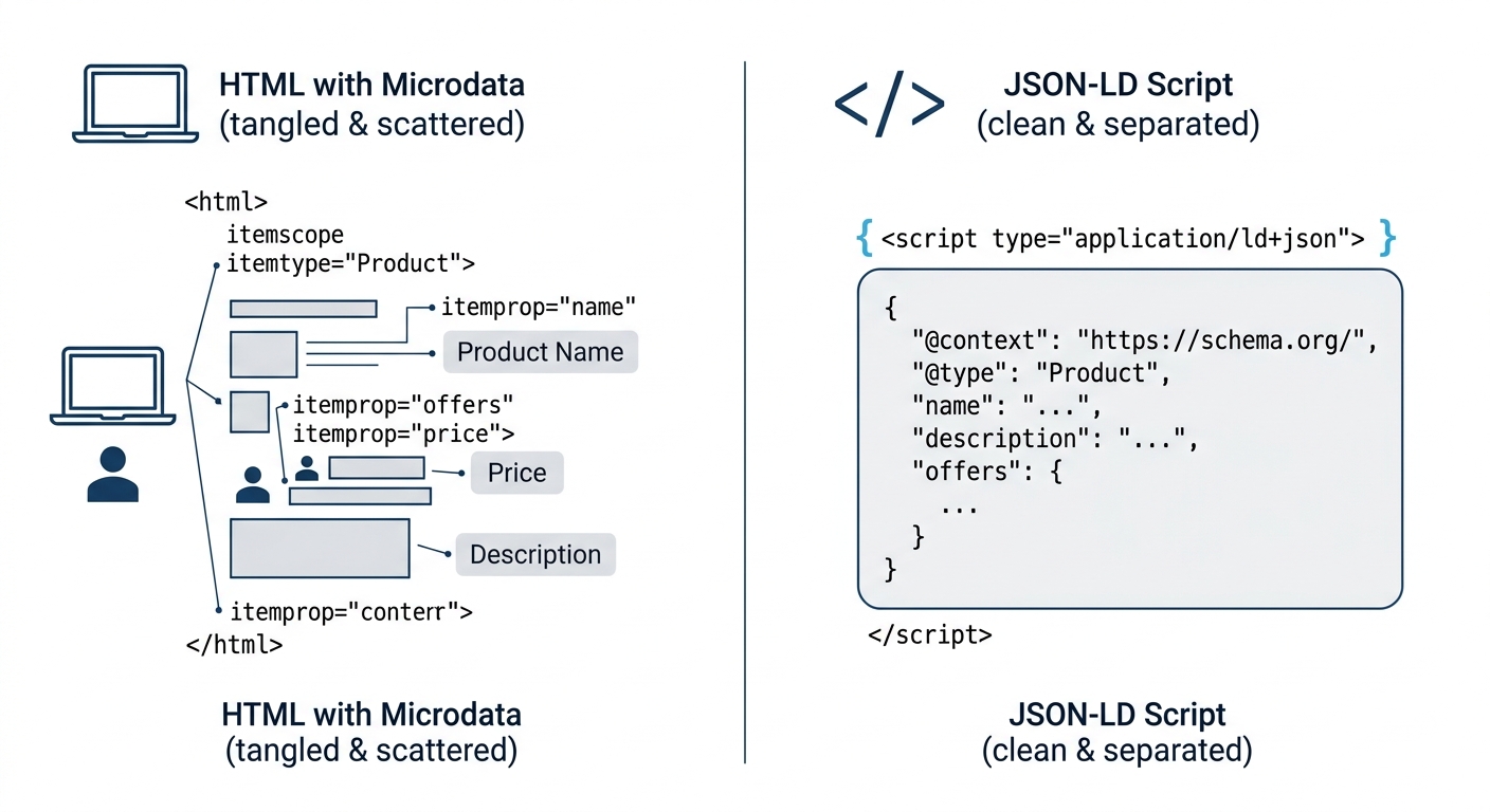 A side-by-side visual showing tangled Microdata attributes scattered throughout HTML elements on the left versus a clean, self-contained JSON-LD script block on the right, illustrating the separation 