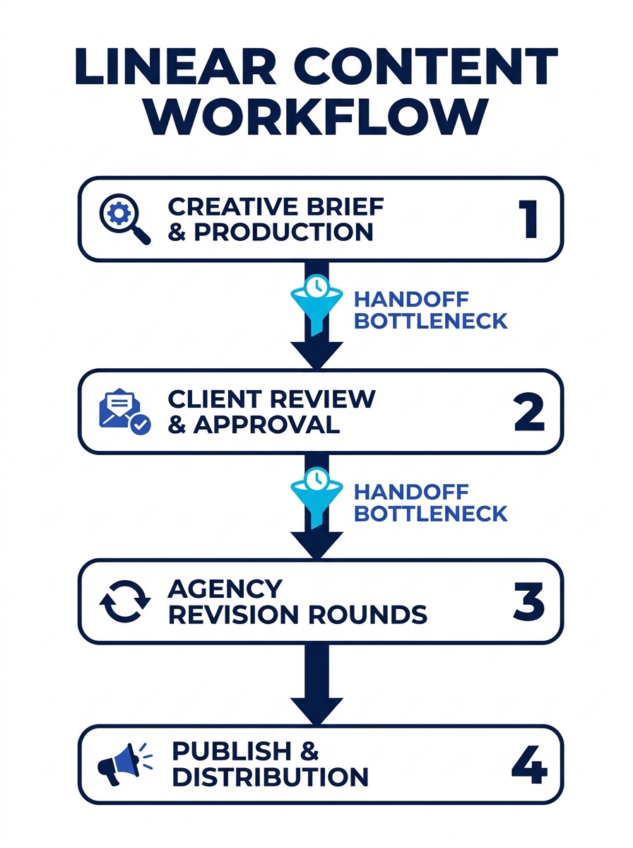 illustration of a simple linear content workflow with email-based approvals, showing a brief flowing through creative, review, revision, and publish stages with bottleneck icons highlighted at each ha