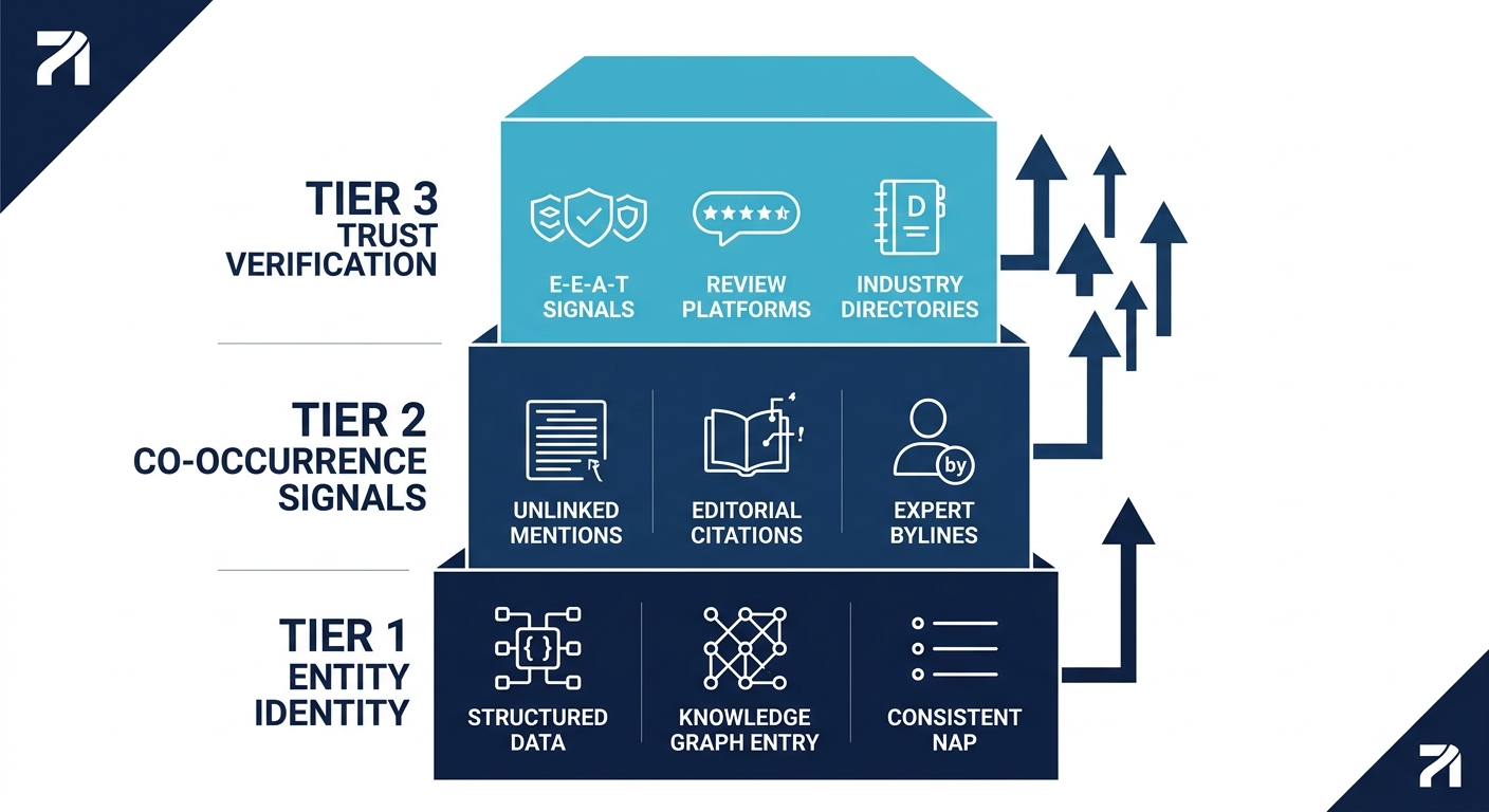 Infographic showing three tiers of brand authority signals for AI citation - Tier 1 at the base labeled Entity Identity with icons for structured data, knowledge graph entry, and consistent NAP; Tier