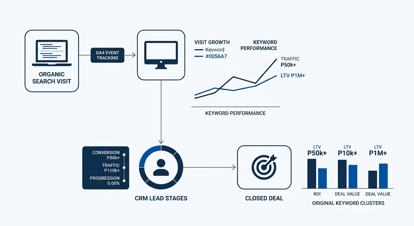 a flowchart showing how a Philippine service business traces a customer from first organic search visit through GA4 event tracking, CRM lead stages, and closed deal back to original keyword cluster, w