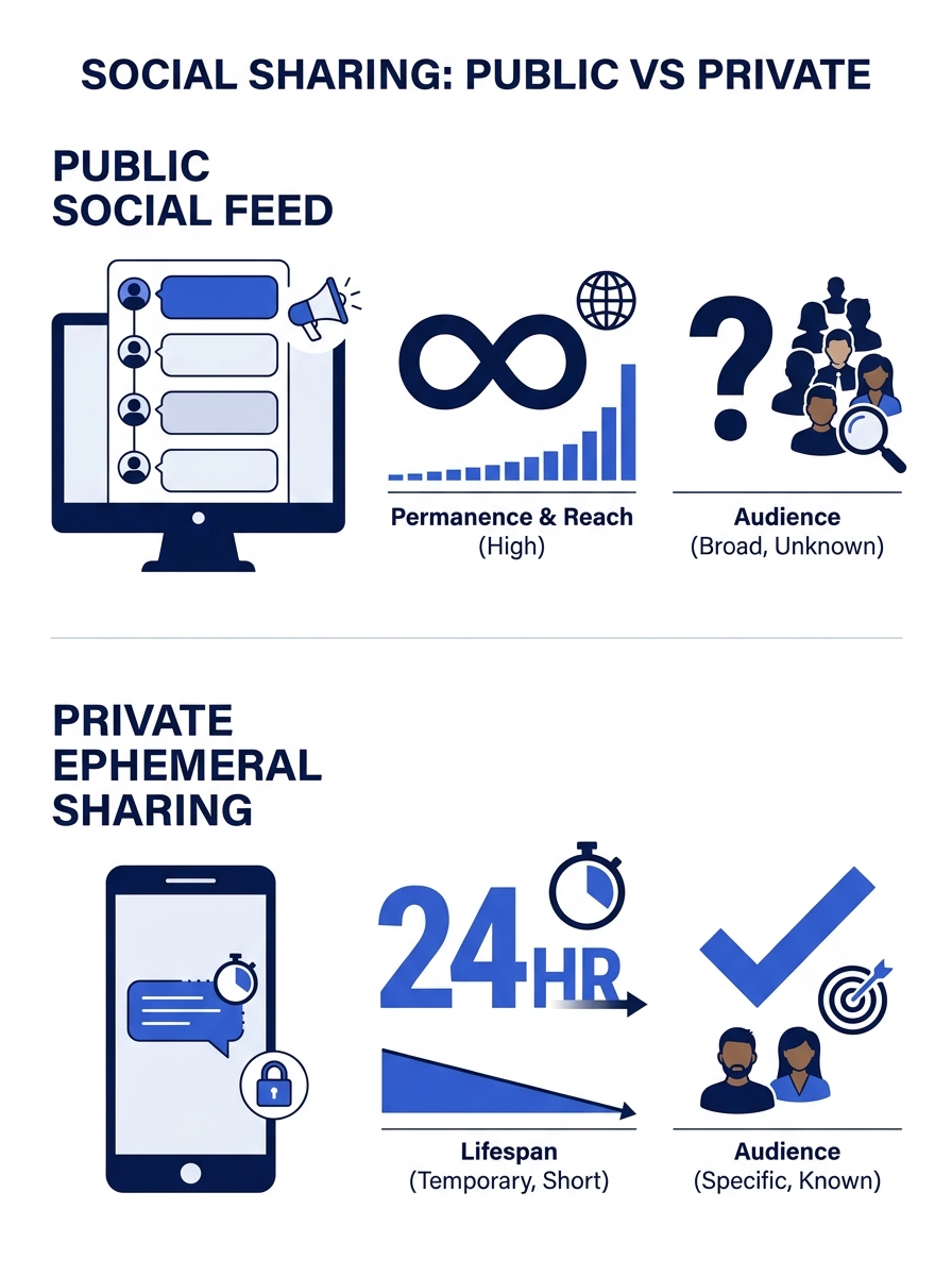 Split-screen comparison showing public social feed versus private ephemeral sharing interface