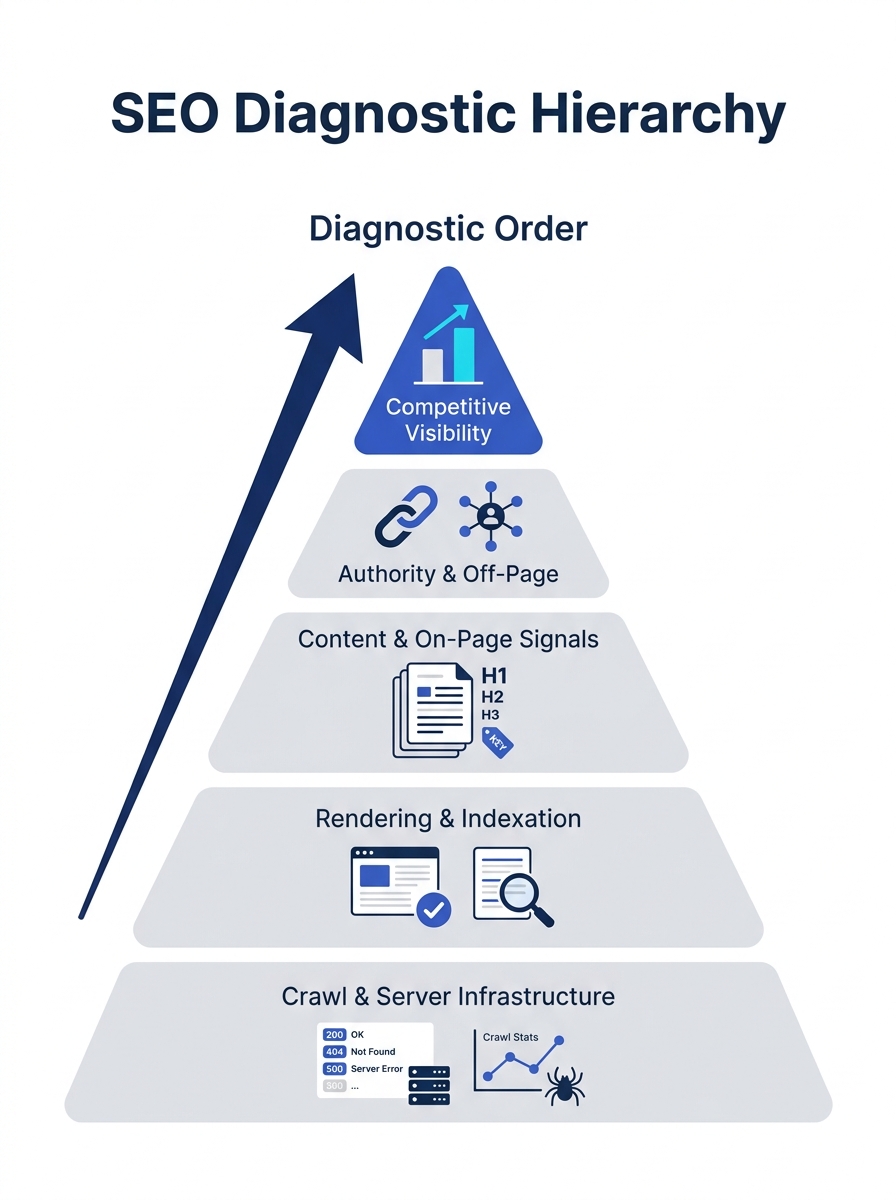 An infographic showing a five-layer pyramid diagram. Bottom layer labeled "Crawl & Server Infrastructure" with icons for server response codes and crawl stats. Second layer "Rendering & Indexation" wi