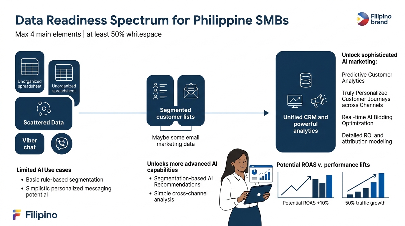 Diagram showing a data readiness spectrum for Philippine SMBs, from scattered sources like spreadsheets and Viber group chats on the left side to a unified CRM and analytics platform on the right side