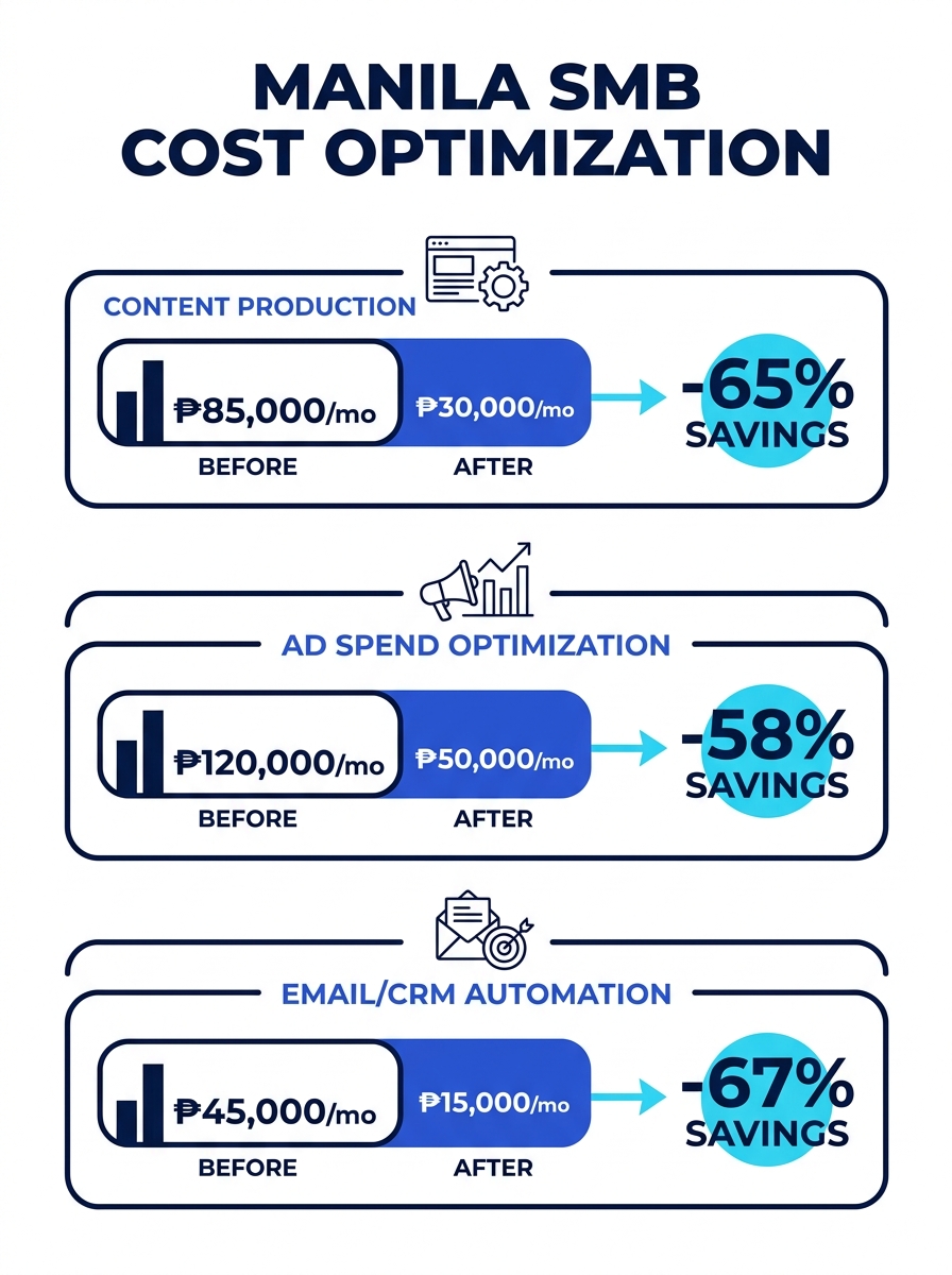 Infographic showing three columns labeled Content Production, Ad Spend Optimization, and Email/CRM Automation, each with before-and-after monthly cost comparisons in Philippine pesos for a typical Man