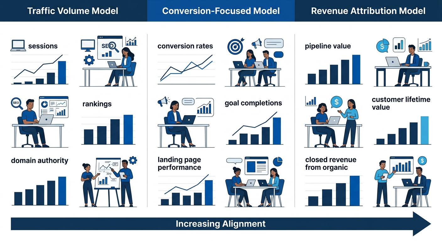 infographic comparing three SEO measurement models in side-by-side columns — Traffic Volume model showing metrics like sessions, rankings, and domain authority; Conversion-Focused model showing conver