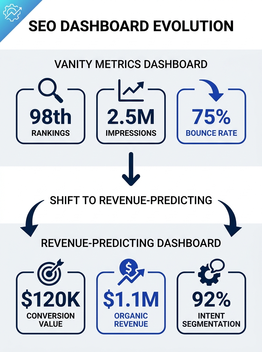 infographic comparing a vanity metrics SEO dashboard (showing rankings, impressions, bounce rate) versus a revenue-predicting dashboard (showing conversion value by keyword cluster, organic-attributed