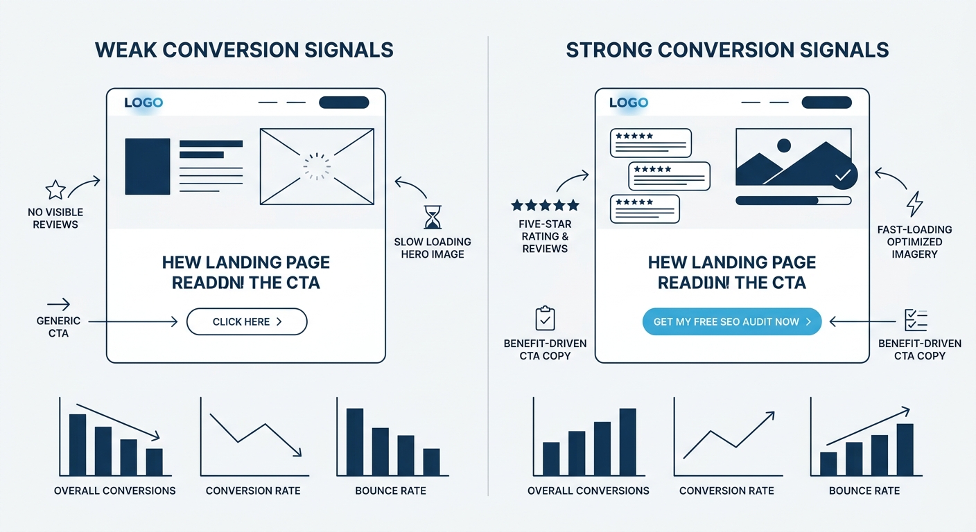 A side-by-side comparison of two landing pages — one with weak conversion signals showing no reviews, a generic CTA button, and slow-loading hero image, versus one with strong conversion signals inclu