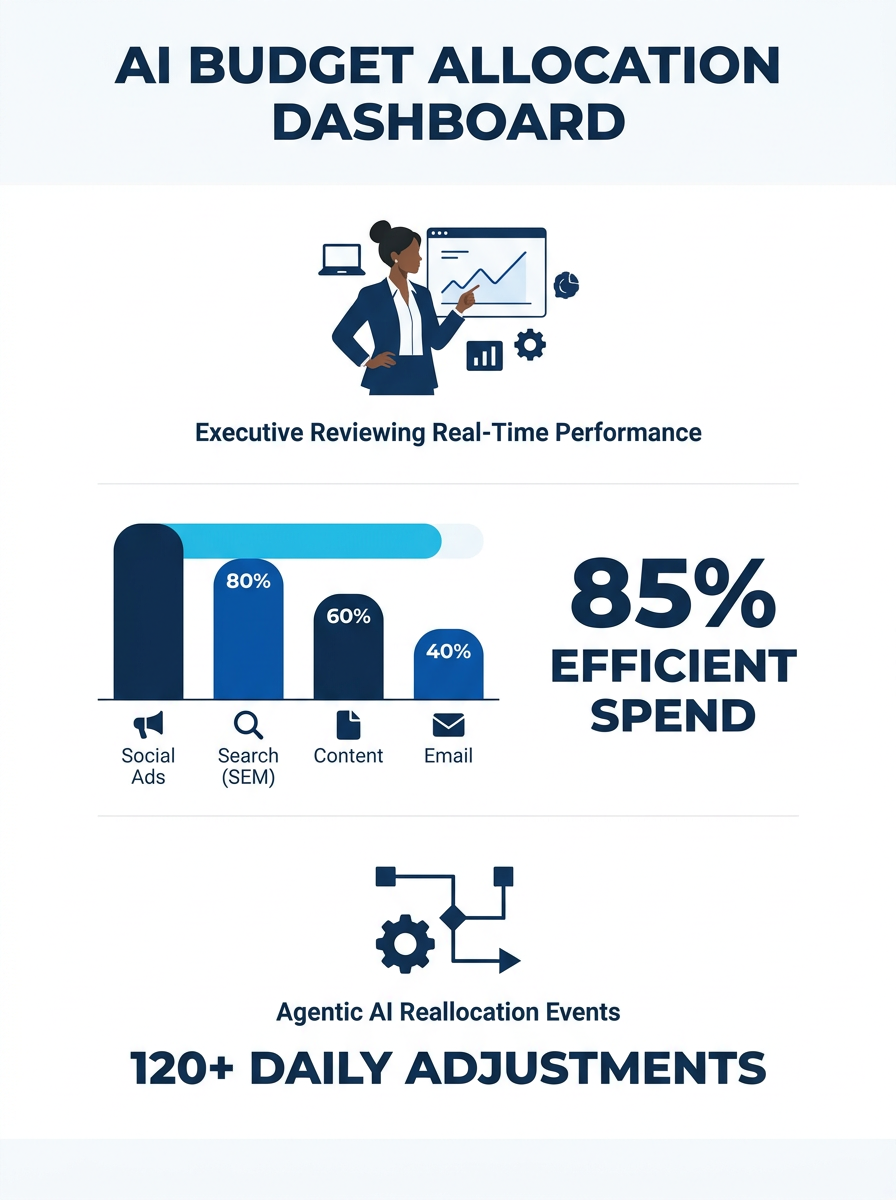 Marketing executive reviewing agentic AI performance dashboard showing real-time budget allocation