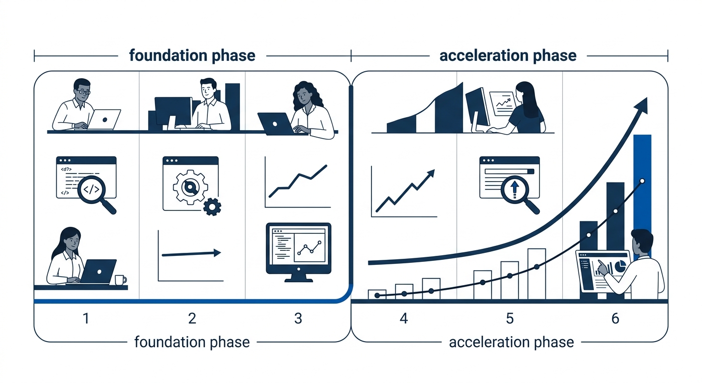 A timeline visualization showing the six-month SEO remediation journey, with months 1-3 labeled as foundation phase showing crawl fixes and indexation recovery with flat growth, and months 4-6 labeled