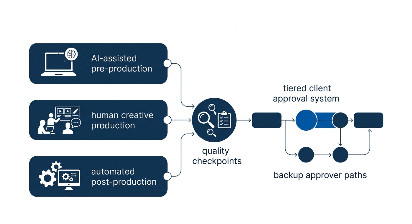 diagram showing a modern agency content pipeline with three parallel tracks labeled AI-assisted pre-production, human creative production, and automated post-production, converging at quality checkpoi