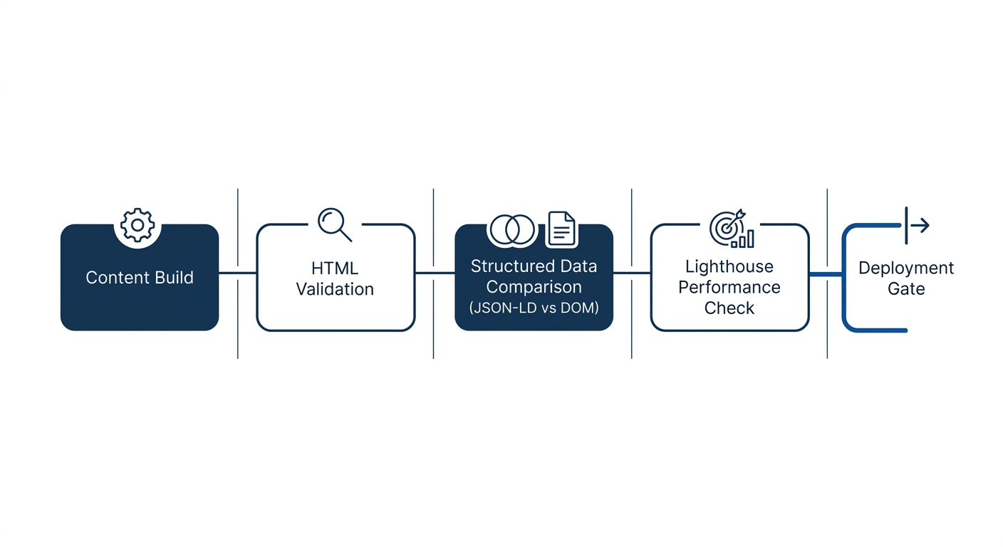 A flowchart showing a CI/CD deployment pipeline for a developer documentation site, with stages for content build, HTML validation, structured data comparison (JSON-LD vs DOM), Lighthouse performance 
