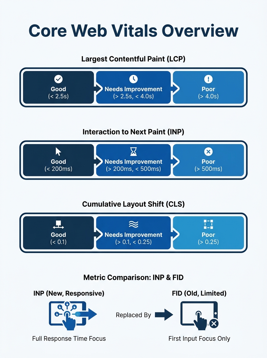 Infographic showing the three Core Web Vitals metrics (LCP, INP, CLS) with their threshold values, comparing the old FID metric to the new INP metric with visual indicators of good, needs improvement,