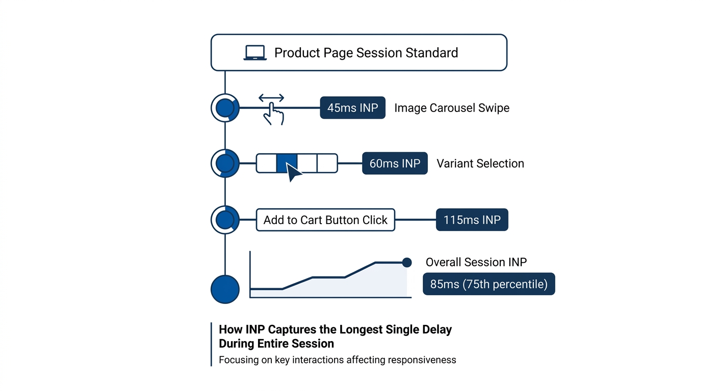Diagram illustrating how INP measures all user interactions during a browsing session on a product page, showing multiple interaction points like image carousel swipes, variant selection, and add-to-c