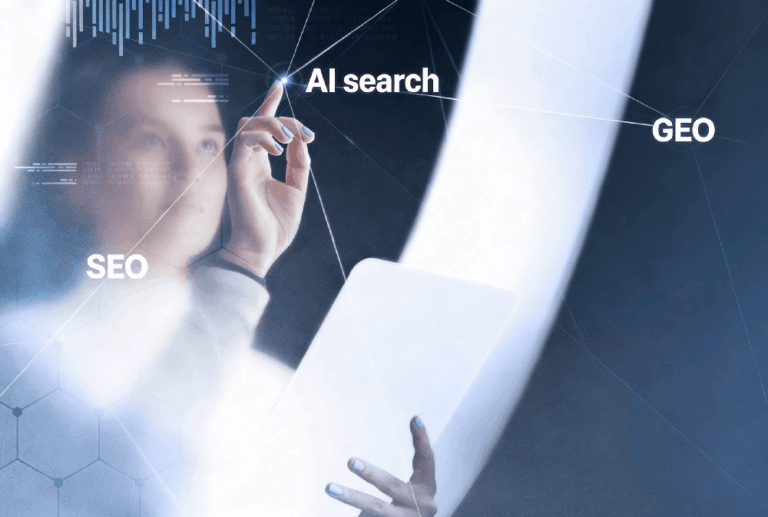 A woman touching a network node connecting SEO, AI search, and GEO