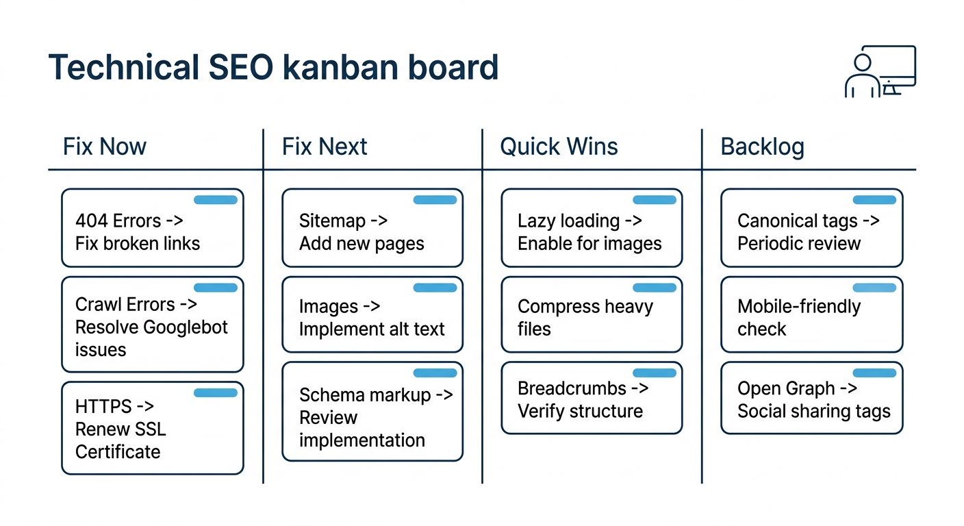 A dashboard-style illustration showing a kanban board with four columns labeled Fix Now, Fix Next, Quick Wins, and Backlog, each containing example technical SEO task cards with color-coded priority i