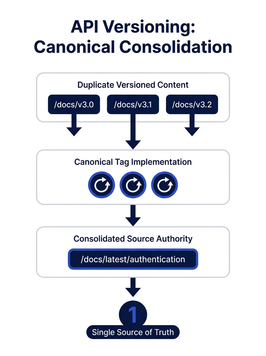 Infographic showing three versioned API doc URLs (/docs/v3.0, /docs/v3.1, /docs/v3.2) all pointing to a single canonical URL (/docs/latest/authentication), with arrows illustrating how duplicate conte