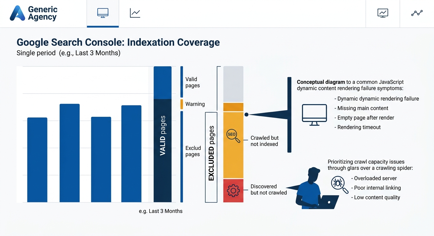 A dashboard mockup showing a Google Search Console indexation report with a coverage chart. One section highlights "Crawled but not indexed" pages in amber, and "Discovered but not crawled" pages in r