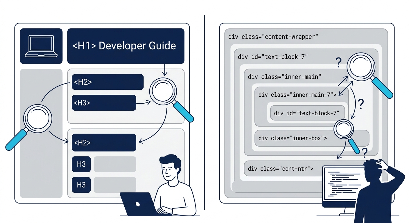 A comparison diagram showing two developer documentation pages side by side — one using semantic HTML with clear heading hierarchy (H1, H2, H3) and the other using div-heavy JavaScript-rendered conten
