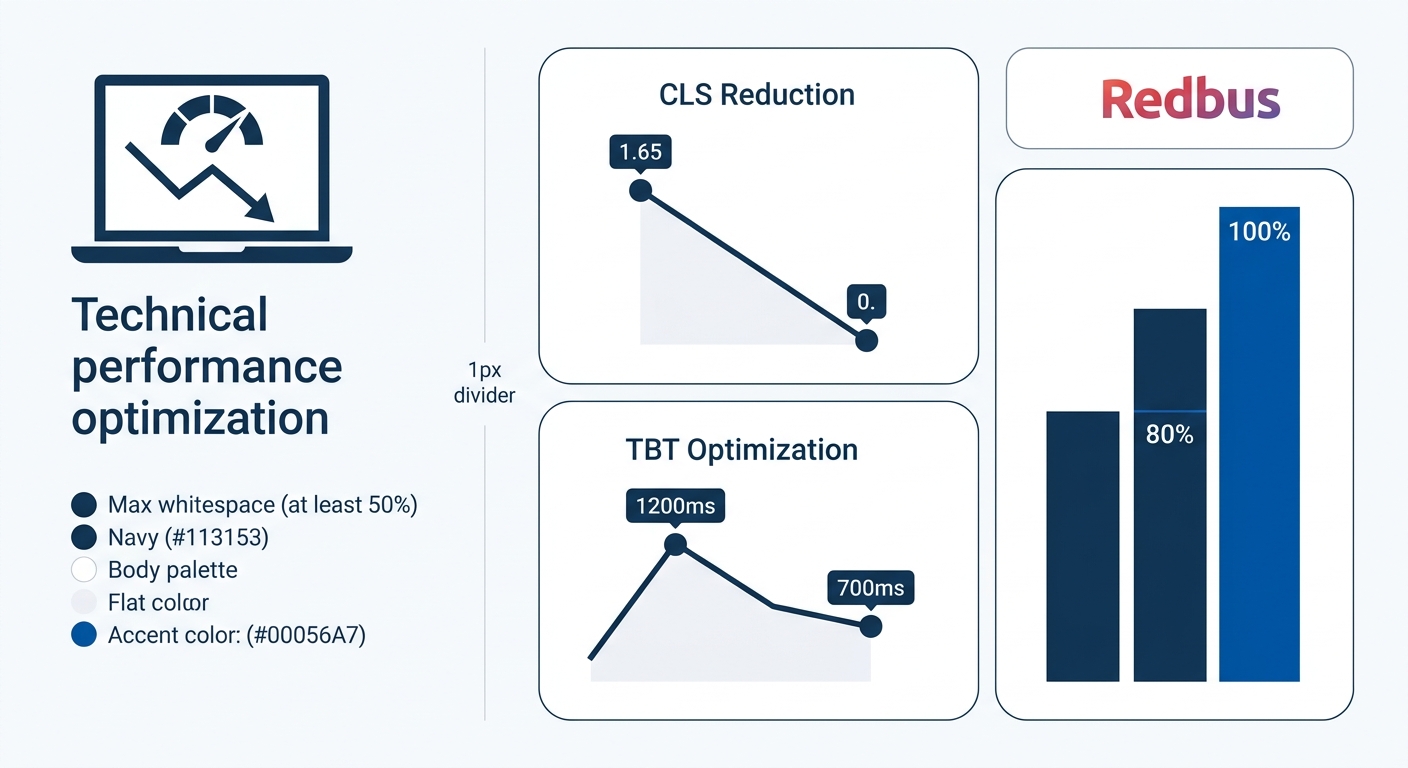 Before-and-after comparison showing Redbus performance metrics, with CLS dropping from 1.65 to 0 and Total Blocking Time decreasing from 1200ms to 700ms, alongside a bar chart of the resulting 80-100%