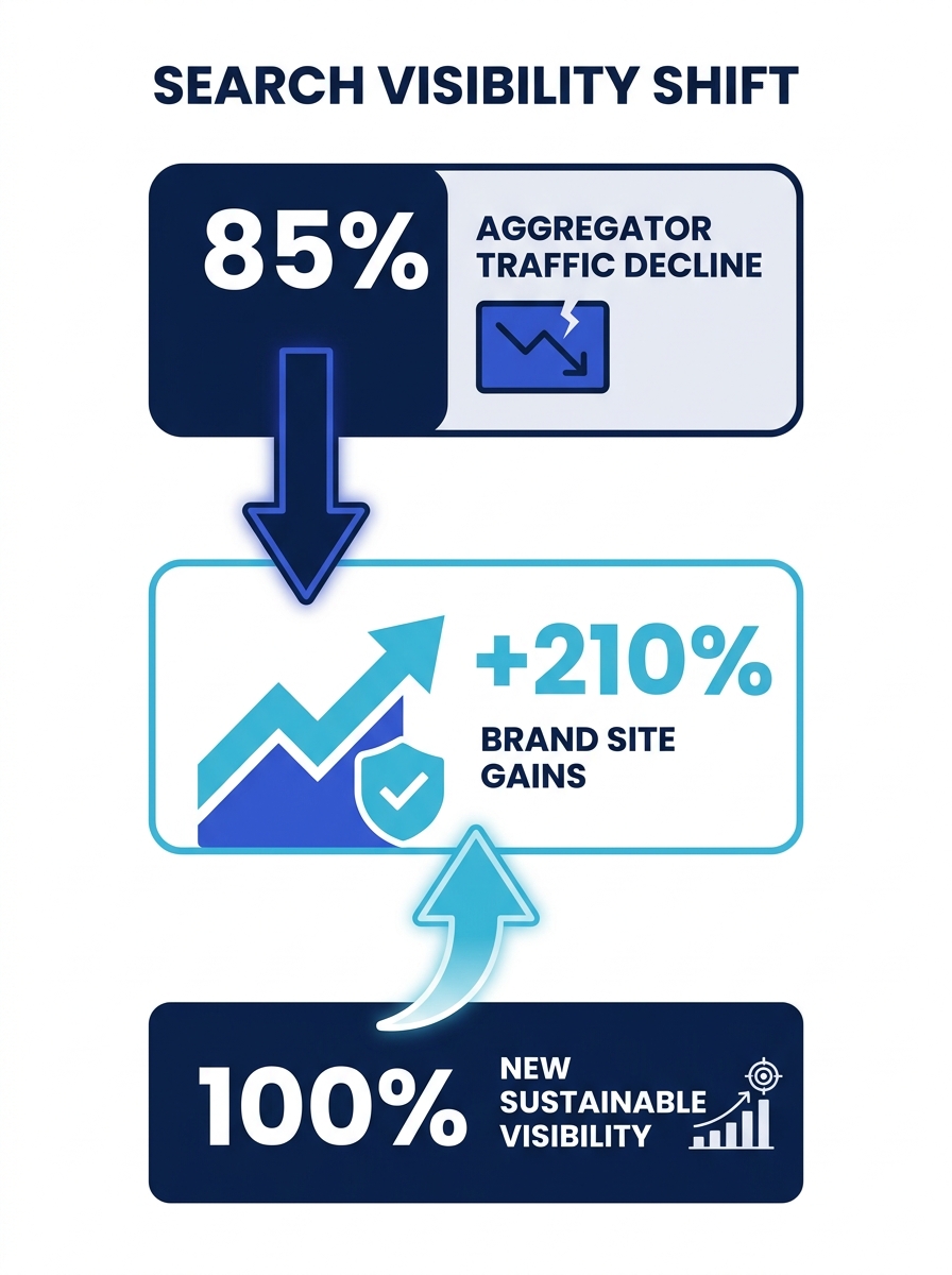 Search visibility dashboard showing aggregator decline and brand site gains after Google core update