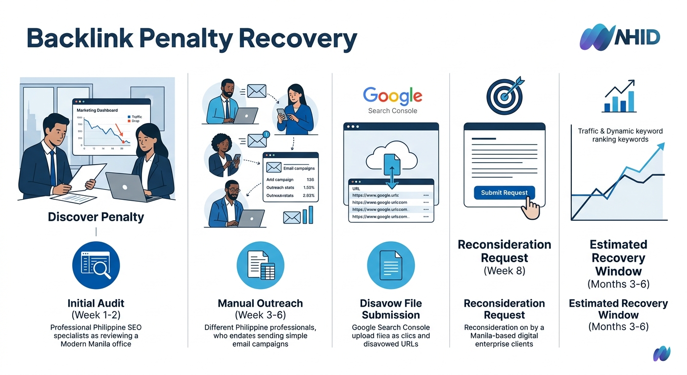 A timeline illustration showing the backlink penalty recovery process from discovery to full recovery, with milestones including initial audit (week 1-2), manual outreach (week 3-6), disavow file subm