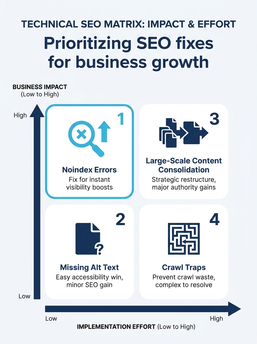 An infographic showing a 2x2 matrix with axes labeled "Business Impact" (vertical, low to high) and "Implementation Effort" (horizontal, low to high), with four quadrants populated by example technica