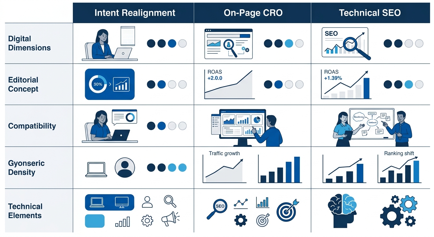 An infographic comparing the three approaches — Intent Realignment, On-Page CRO, and Technical SEO — across five dimensions including implementation speed, resource requirements, traffic impact, conve