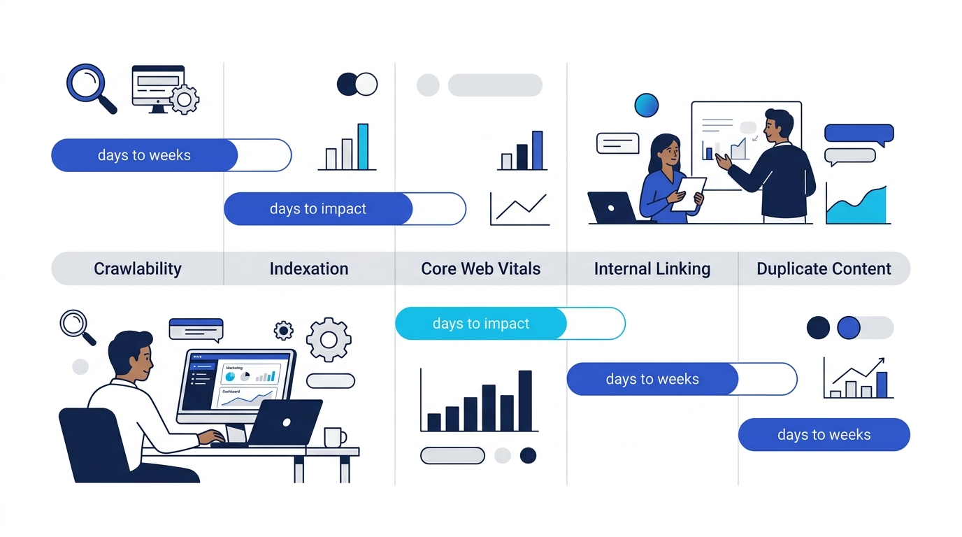 A horizontal timeline chart showing five categories of technical SEO fixes (crawlability, indexation, Core Web Vitals, internal linking, duplicate content) with their expected time-to-impact ranges di