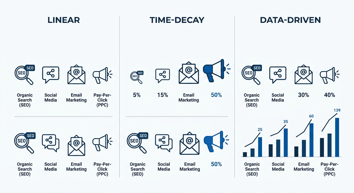 Diagram comparing three attribution models side by side — linear, time-decay, and data-driven — each showing a row of channel icons (organic, social, email, PPC) with differently sized credit percenta