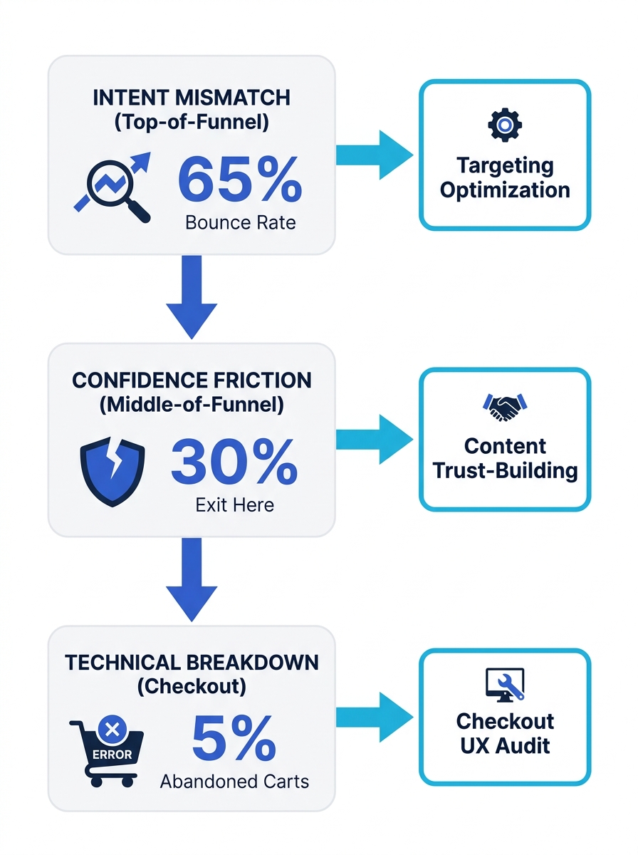 A diagnostic flowchart showing the three stages where SEO traffic fails to convert — intent mismatch at the top of funnel, confidence friction in the middle, and technical breakdown at checkout — with